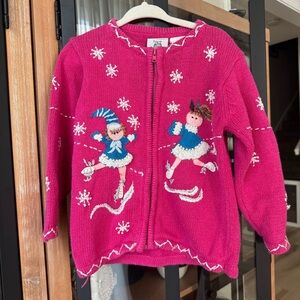 Vintage embroidered knit cardigan applique ice skating toddler girl sweater 90s